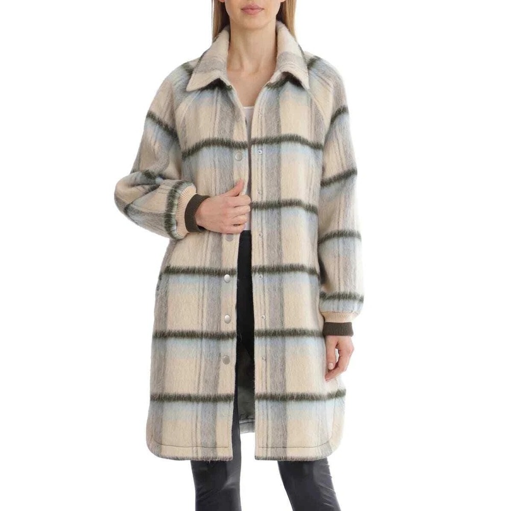 Avec Les Filles Oversized Plaid Longline Coat S Cream Olive Wool Blend - Picture 2 of 7